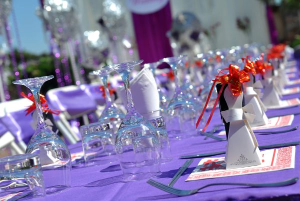 Wedding Table Detail. Closeup of place settings at a decorated wedding banquet table