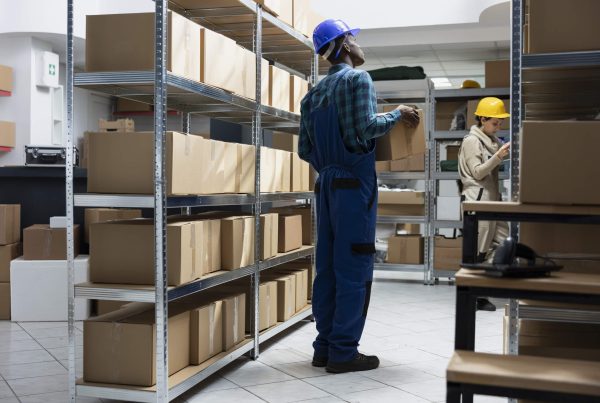 Black male employee examine labeled parcels on shelves in a storage unit depot